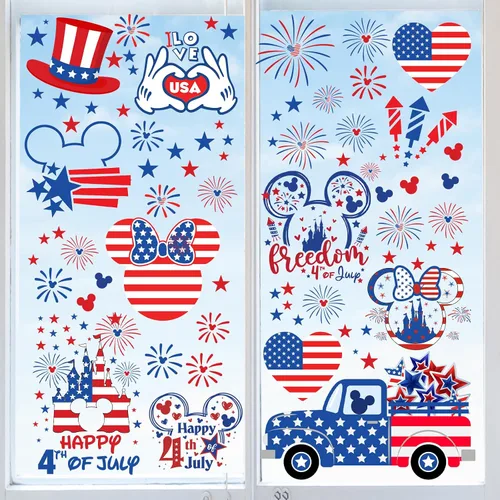 Adhesivos para ventana del 4 de julio, 9 hojas de ratón con bandera americana adhesiva patriótica para ventana, decoraciones para el día de los