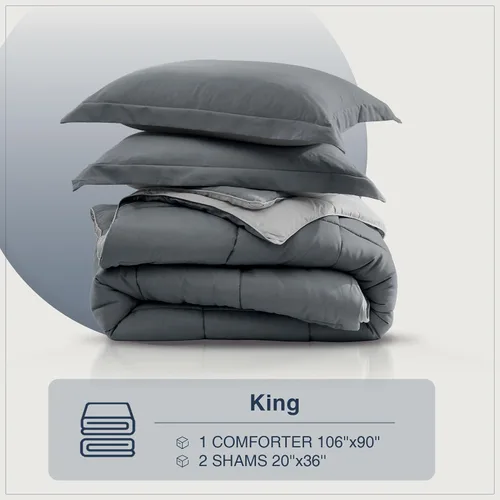 Miniatura 5 de satisomnia Juego de edredón de tamaño King, edredón gris tamaño King, edredón de cama alternativo de plumón de 3 piezas, ligero, suave, acolchado