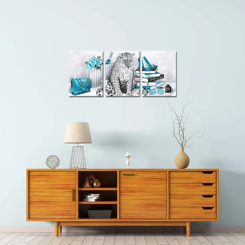 Miniatura 2 de Visual Art Decor Arte de pared turquesa y gris, pintura de leopardo, impresiones en lienzo para dormitorio de niñas, decoración de pared de baño, 12
