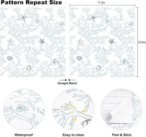 Miniatura 4 de WENMER Coastal - Papel tapiz autoadhesivo para despegar y pegar, 17.3 x 590 pulgadas, color blanco y azul claro, concha, concha, estrella de mar