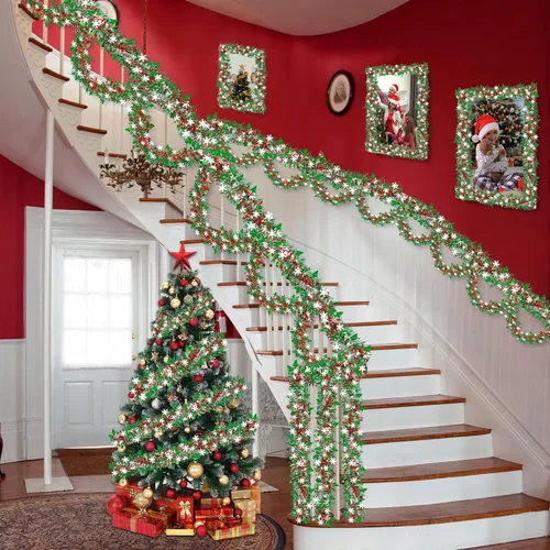 Miniatura 3 de 50 pies de decoraciones de Navidad con guirnalda de oropel con copo de nieve, árbol de Navidad rojo verde plateado brillante metálico girado