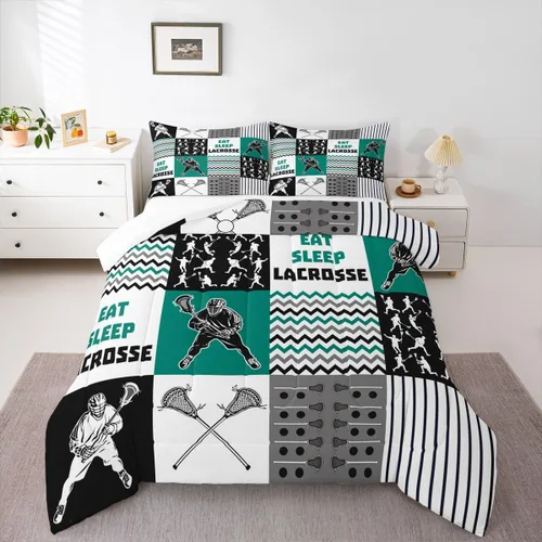 Miniatura 12 de Lacrosse - Juego de edredón de juegos deportivos para niños y niñas, jugadores de hockey, relleno de edredón ligero de hockey negro con llama
