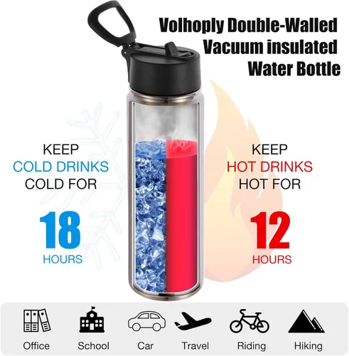 Miniatura 3 de Volhoply Botellas de agua aisladas con popote a granel, paquete de 8, botella deportiva de acero inoxidable de 22 onzas con tapa con asa, tazas