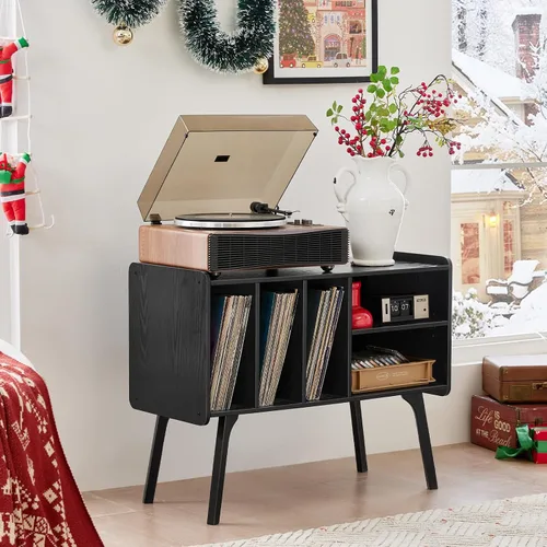 Miniatura 2 de Lerliuo Soporte para tocadiscos con 4 gabinetes con capacidad para hasta 220 álbumes, soporte giratorio grande negro con patas de madera de haya