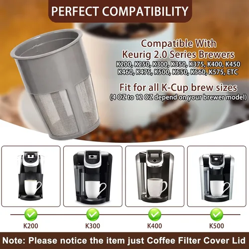 Miniatura 6 de Podoy K400 - Filtro de café reutilizable interior compatible con Keurigg My K Cup 2.0 K250 K300/350/375 /450/475, filtro universal reutilizable gris