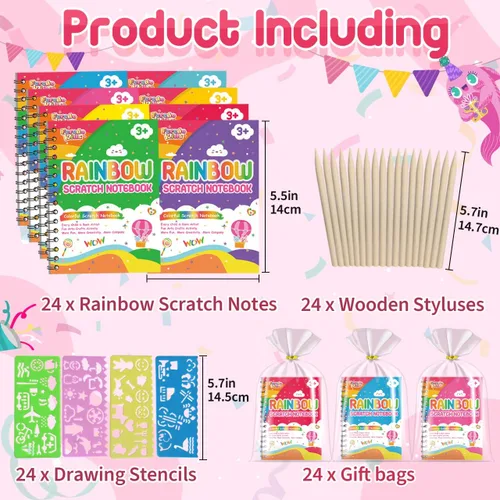Miniatura 2 de Recuerdos de papel para rascar para fiestas para niños: paquete de 24 cuadernos de rayas arcoíris, bolsas de regalo, libros para colorear, recuerdos