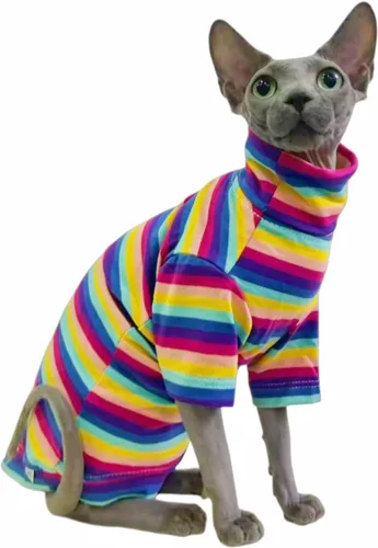 Miniatura 11 de Camisa de algodón con cuello redondo para gatos sin pelo Sphynx de rayas vintage, ropa para mascotas con mangas, camisetas para gatitos para Sphynx