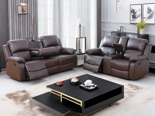 Miniatura 33 de Sofá reclinable manual moderno, sofá reclinable de cuero de 3 plazas, sofá reclinable de sala de estar, sofá con portavasos y mesa abatible