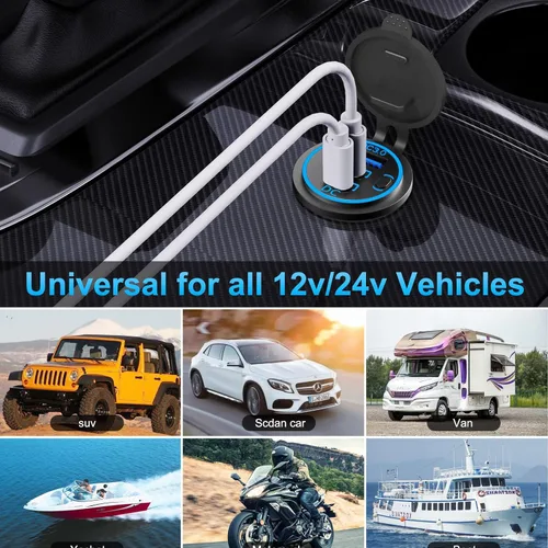 Miniatura 7 de Toma USB de 12V Cable Cargador USB Multipuerto, Dual PD3.0 USB-C y Carga Rápida 3.0 Puerto de Coche con Interruptor de Encendido, Carga Rápida