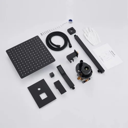 Miniatura 6 de Sistema de ducha de lluvia de 12 pulgadas, juego combinado de ducha negro para montaje en pared, grifos de baño con cabezal de ducha de lluvia