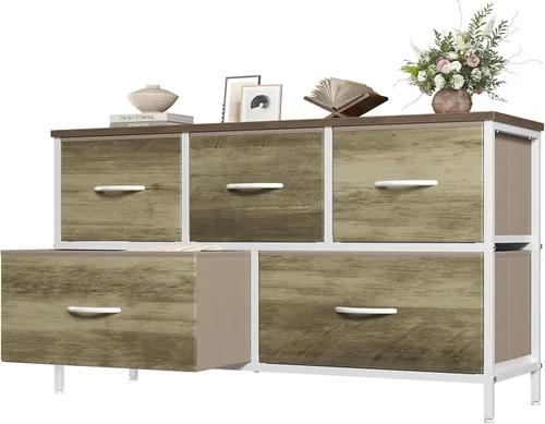 OLIXIS Cómoda para dormitorio con 5 cajones, cómoda ancha, cómoda de tela para dormitorio con organizador de cajones, unidad organizadora de Roble