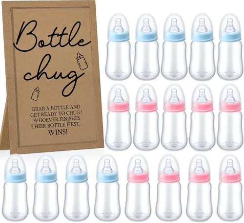 Miniatura 19 de Roowest Bottle Chug Baby Shower Games Favores que incluyen 18 botellas con 1 botella de chug de madera para revelación de género y suministros