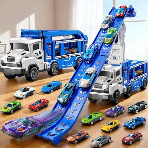 Miniatura 9 de Juego de camiones de transporte para niños de 3 en 1 con pistas de juguetes para niños de 2 a 4 años con 12 juguetes de autos de carreras, pista