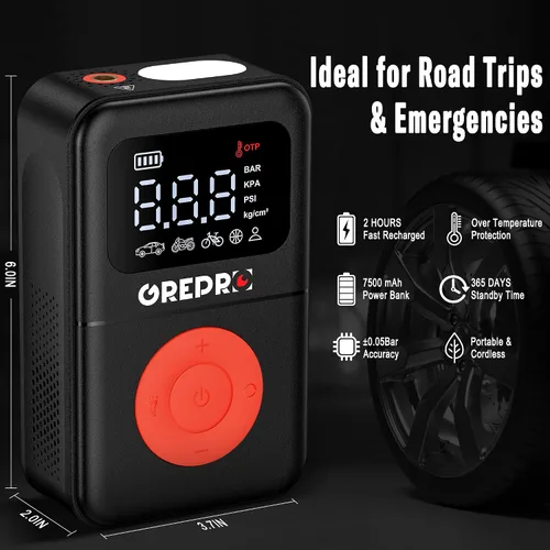 Miniatura 5 de GREPRO Inflador de neumáticos, compresor de aire portátil, bomba de aire portátil de 160 PSI con medidor de presión digital, luz LED y múltiples