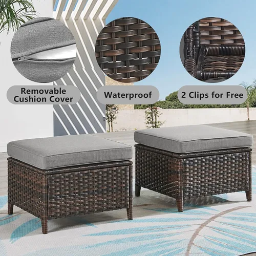 Miniatura 4 de Belord Juego de 2 taburetes otomanos de mimbre de ratán para todo tipo de clima, con cojines suaves para muebles de patio Cojín de mimbre marrón/gris