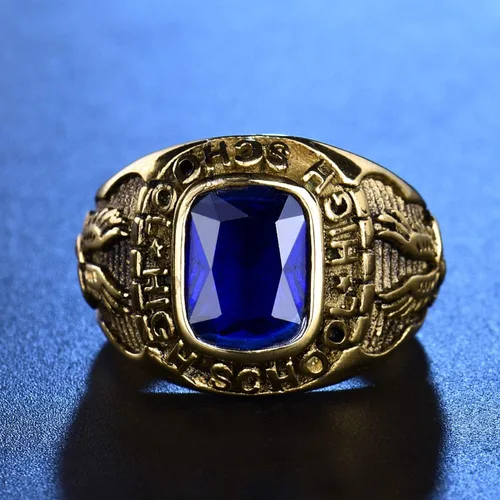 Miniatura 2 de MASOP Royal Blue Sapphire Color Anillo Acero Inoxidable Hombres Joyería Celebrar la Escuela Secundaria Anillos Tamaño 8-15