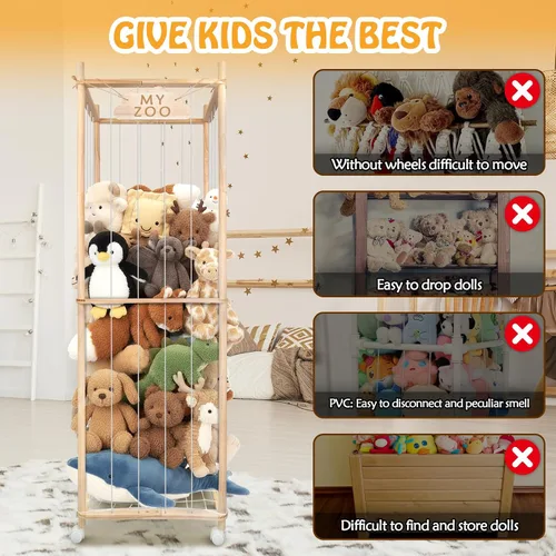 Miniatura 5 de Zoo de almacenamiento de animales de peluche con ruedas, 64 pulgadas de madera grande de animales de peluche organizador de juguetes para niños