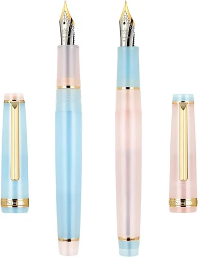 Miniatura 6 de Jinhao 82 Pluma estilográfica acrílica con convertidor, blanco transparente y azul malaquita con borde dorado, juego de 2 bolígrafos de escritura