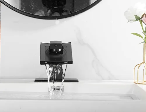 Miniatura 4 de Grifo de baño Chiczam negro con salida de agua en cascada, grifo de un solo orificio con asa de vidrio, grifo mezclador para lavamanos con placa