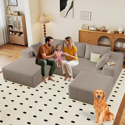Miniatura 36 de Sofá modular de 95 pulgadas con otomana, moderno sofá nube de pana con asiento profundo, sofá sin hueso tapizado de 3 plazas en forma de U para sala