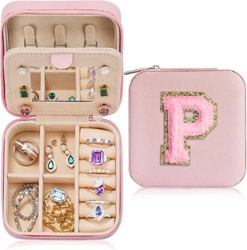 Parima Joyero de viaje para mujeres y niñas, joyero con inicial P Joyero pequeño Joyero de viaje para mujer Estuche de joyería de viaje Regalos