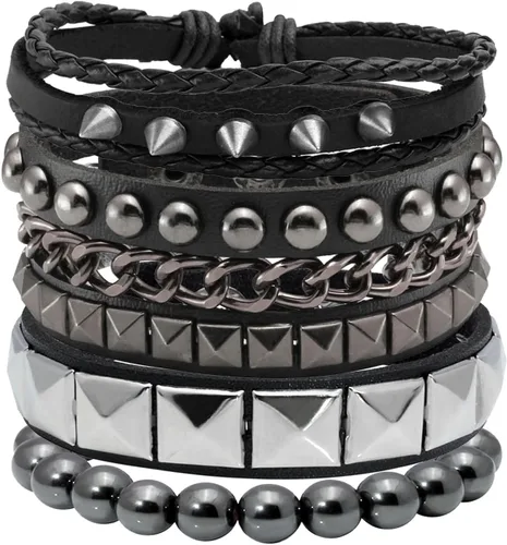 Miniatura 9 de Eigso Juego de 4 pulseras de cuero punk, con tachuelas de roca para hombres y mujeres, estilo retro, clásico, con pinchos, de metal, para hombre
