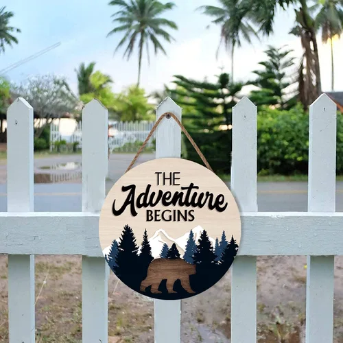 Miniatura 3 de LHIUEM Letrero colgante de madera con texto en inglés "The Adventure Begins", decoración de pared de bosque, con citas inspiradoras de montaña