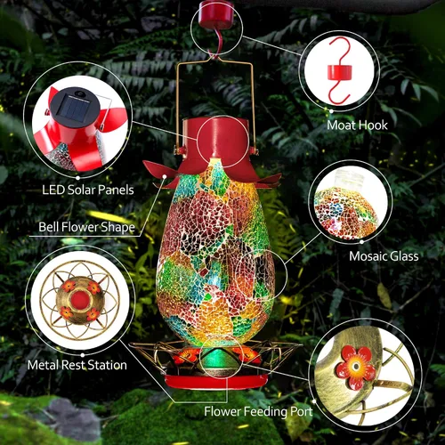 Miniatura 2 de Comedero solar LED para colibríes para exteriores, mosaico de vidrio multicolor, botella de néctar de colibrí colgante con 4 estaciones