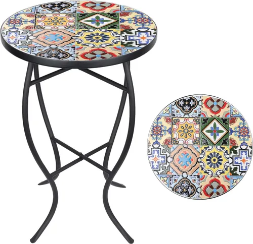 VCUTEKA Mesa auxiliar de mosaico, mesa auxiliar redonda de 21 pulgadas con parte superior de azulejos de cerámica de 14 pulgadas, mesa decorativa de