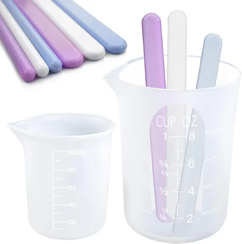 FUNSHOWCASE Vaso medidor de silicona de 8.5 fl oz, 8 onzas y 3.4 fl oz, 3.4 onzas con varillas de goma surtidas, kit de fundición de resina, paquete