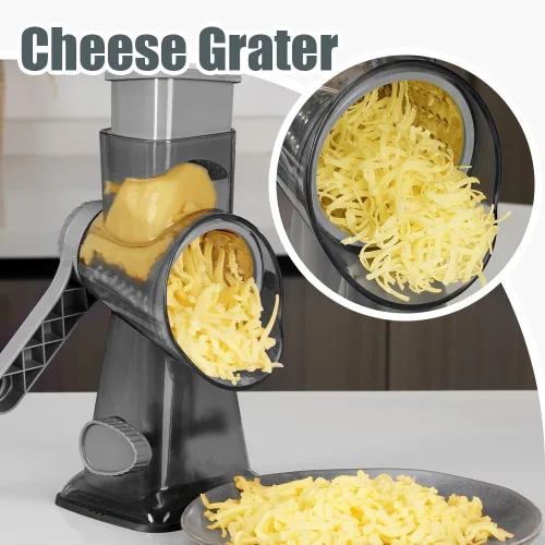Miniatura 6 de KEOUKE Rallador de queso giratorio de mano con manivela transparente - triturador, rebanador, molinillo de 3 cuchillas de acero inoxidable, succión