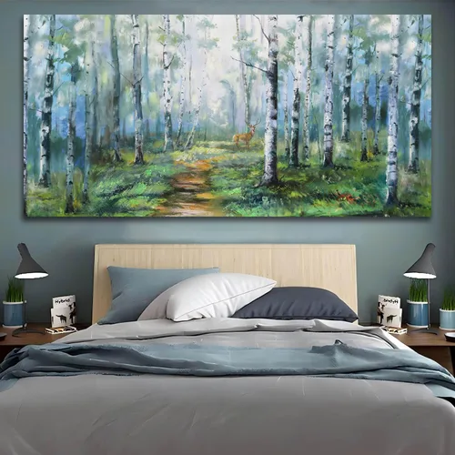 Miniatura 6 de Enartly Arte de pared de paisaje grande para sala de estar y dormitorio, decoración de pared de abedul blanco, lienzo de bosque verde, pintura