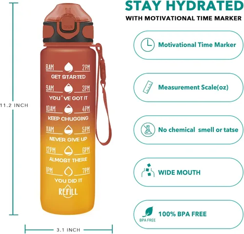 Miniatura 2 de Enerbone Botella de agua de 32 onzas con tiempos para beber y popote, motivacional con correa para llevar, a prueba de fugas, sin BPA ni tóxicos