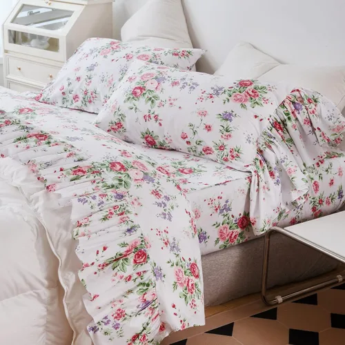 Miniatura 8 de Queen's House Juego de Sábanas Florales de Rosas Románticas de 4 Piezas Ropa de Cama Vintage Shabby Chic Estilo Campestre Francés Sábanas con Rosa