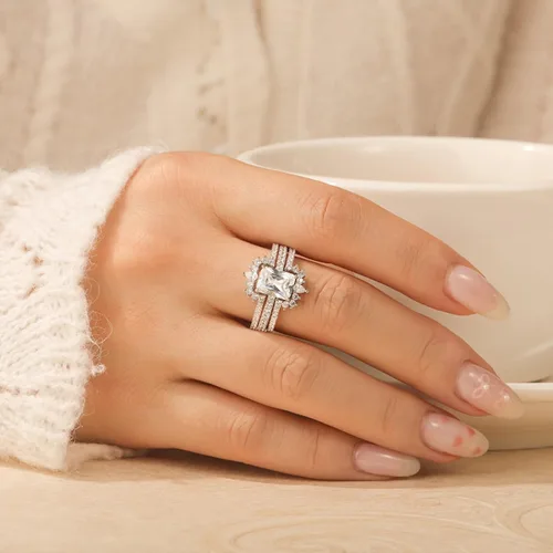 Miniatura 4 de Jeulia Juego de 2 anillos de compromiso vintage de plata de ley con halo irregular radiante para mujer, con caja de regalo