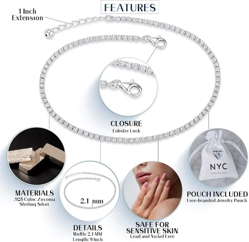 Miniatura 2 de NYC Sterling - Tobillera de plata de ley con circonitas cúbicas para mujer