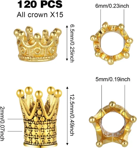 Miniatura 2 de Hicarer 120 dijes de corona King para hacer pulseras de joyería, cuentas de corona de oro y plata, cuentas espaciadoras de agujeros grandes a