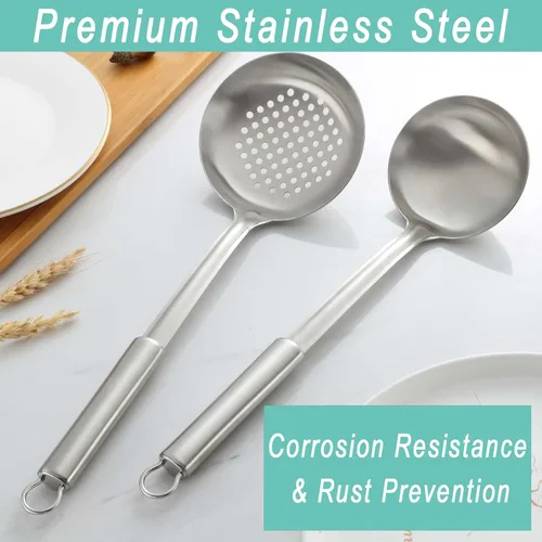 Miniatura 6 de Pleafind 2 piezas Cucharón y cuchara ranurada, cucharón para sopa y cuchara colador, cucharas de cocina y espumaderas de acero inoxidable, Gris