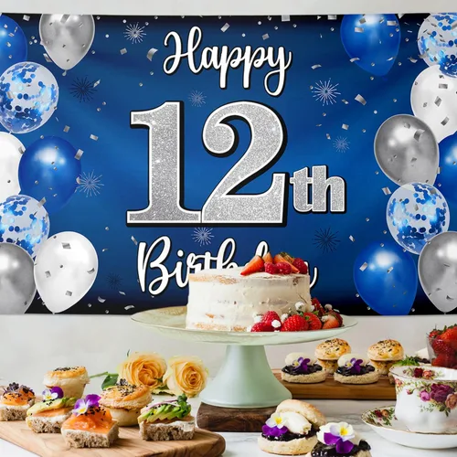 Miniatura 4 de Decoraciones de Feliz 12º Cumpleaños, Globo Azul y Plateado Grande Pancarta de Fondo de Cumpleaños, Salud por Doce Años Suministros para Fiesta
