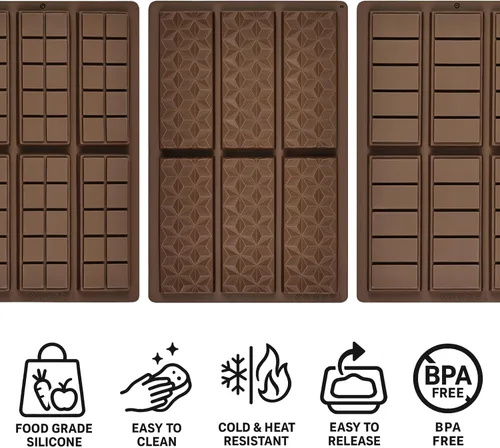 Miniatura 5 de Moldes de silicona para chocolate, molde de barra de chocolate antiadherente, 3 moldes de silicona de grado alimenticio, adecuado para hacer dulces