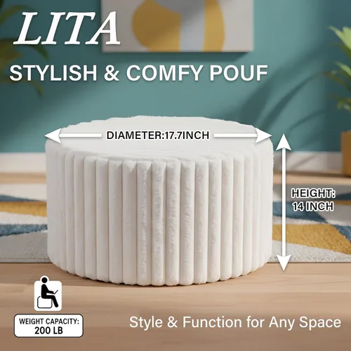 Miniatura 3 de LITA Puf redondo de relleno, puf de pana con relleno de espuma de alta densidad y funda lavable, taburete de puf peludo y esponjoso, otomano