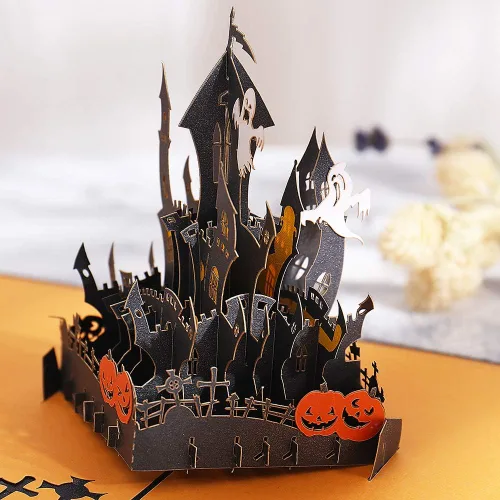 Tarjetas vintage de castillo de Halloween, tarjetas de felicitación 3D de agradecimiento, cortadas con láser, ensambladas a mano, tarjetas emergentes