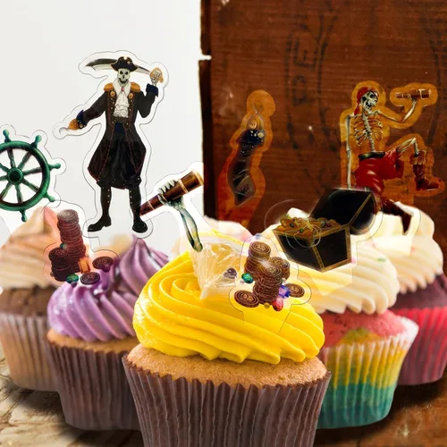 Miniatura 9 de Cheerland 24 piezas de decoración de esqueletos piratas para magdalenas, Halloween, caribeño, pirata, decoración de tartas, calavera, esqueleto
