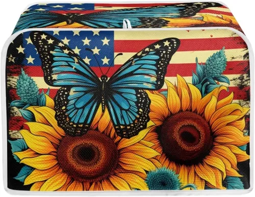 Funda para tostadora Baxinh con estampado de mariposas y girasoles, 2 rebanadas, bandera americana, cubierta pequeña para electrodomésticos de