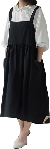 Delantal japonés de lino de algodón con espalda cruzada para mujer con bolsillos Negro (agrandar y alargar)