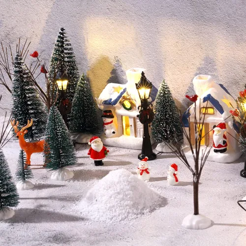 Miniatura 6 de Namalu Juego de 34 Piezas Casas de Pueblo Navideño, Juego de Accesorios Mini Árboles de Navidad, Santa, Muñeco de Nieve, Lámparas de Calle