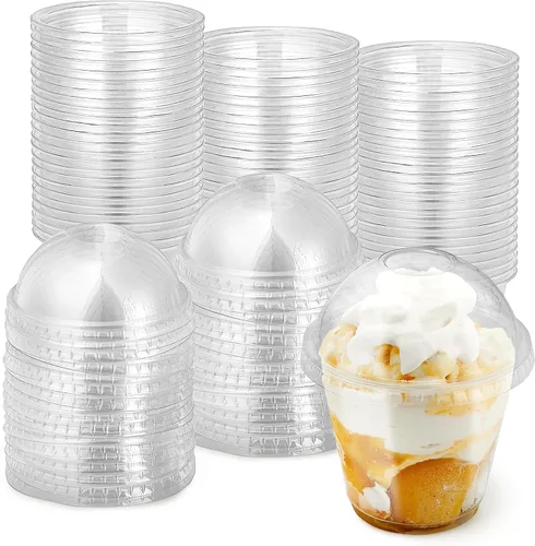 Vasos de postre de plástico transparente de 9 onzas con tapas (juego de 50) taza de parfait desechable pequeña, tapa de cúpula, sin agujero,
