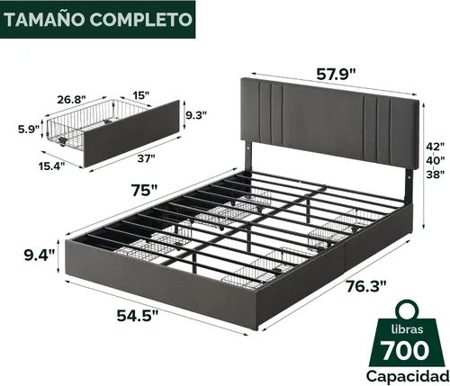 Miniatura 2 de Zinus Billie - Base de cama con plataforma, cuatro cajones de almacenamiento debajo de la cama, cabecera ajustable en altura, estilo tapizado, Gris