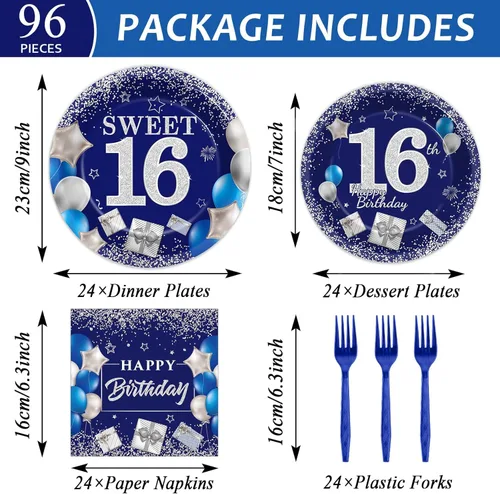 Miniatura 2 de gisgfim 96 Piezas Platos y Servilletas de Cumpleaños 16 Suministros para Fiestas Dulces 16 Juego de Vajilla para Fiestas Azul Plateado Decoraciones