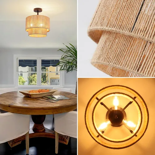 Miniatura 4 de 12.6" Boho Light Fixtures Ceiling Mount, Coastal Hemp Rope Semi Flush Mount Ceiling Light,3-Light Rustic Rattan Ceiling Light With 2-Tier Drum Shade